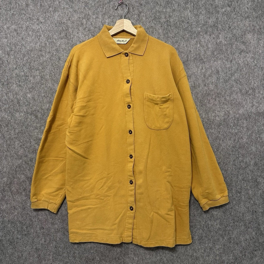 Eddie Bauer Mustard Yellow Knit Button Up Sweater Shirt 100% Cotton Women's M